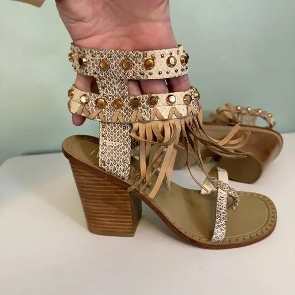 Ivy Kirzhner Sandals 9 Brown Snake Fringe Studded Hildagar Buckle Strappy Ankle
